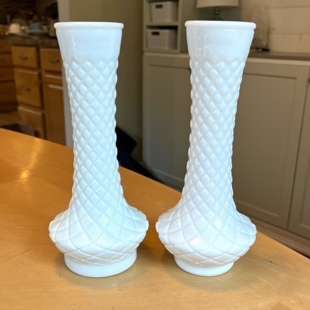 Vintage Diamond Patterned Milk Glass Vases Set of Two